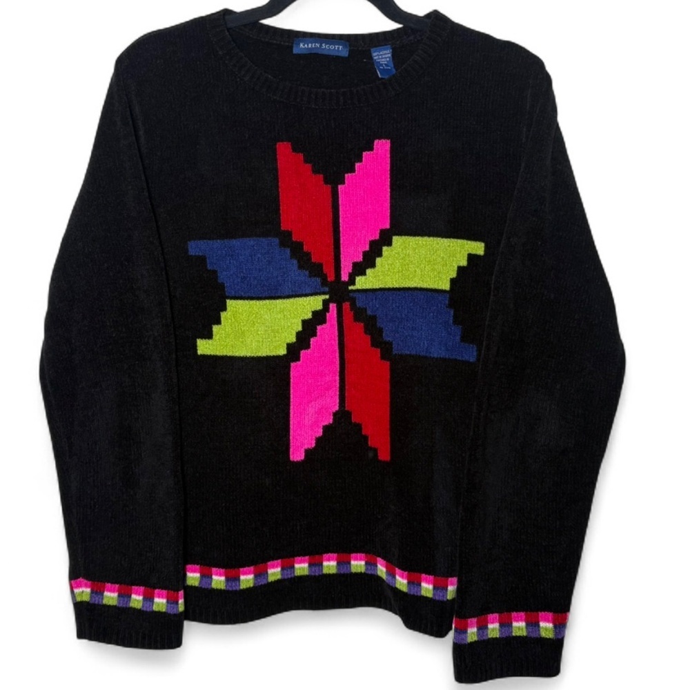 Karen Scott Vintage 90s Velour Knit Sweater L Bright Geometric Retro